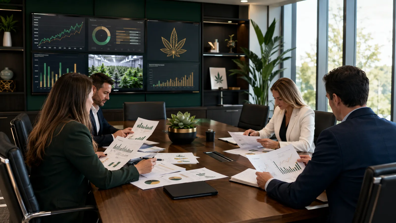 Tax planning meeting for a Virginia cannabis business reviewing financial reports and tax strategies.