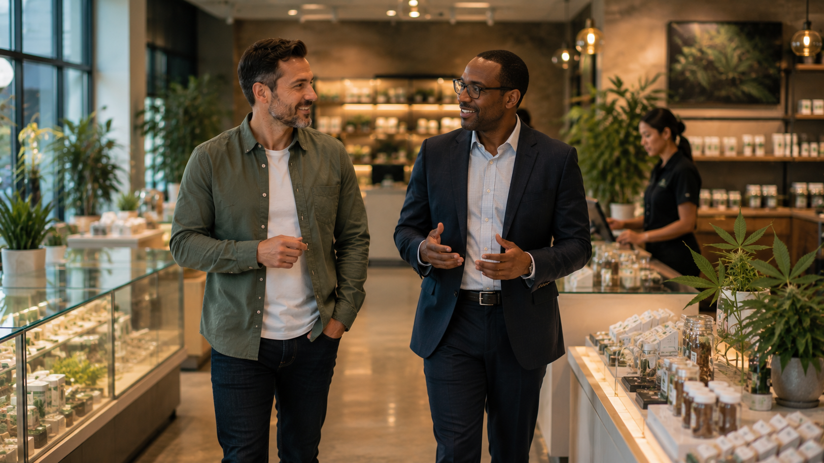 Cannabis business owner planning growth with advisor